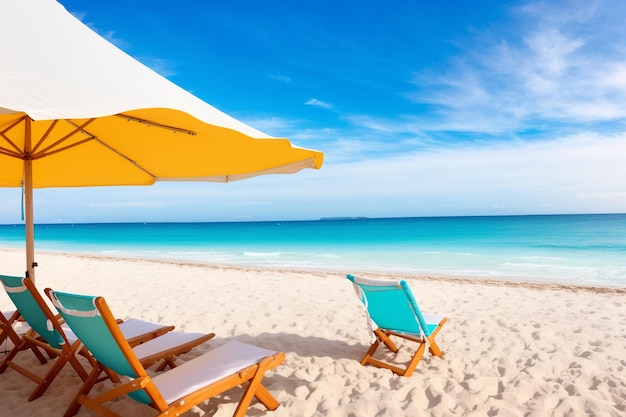 Photo beach chairs on a beach with a blue umbrella and the words beach club on it