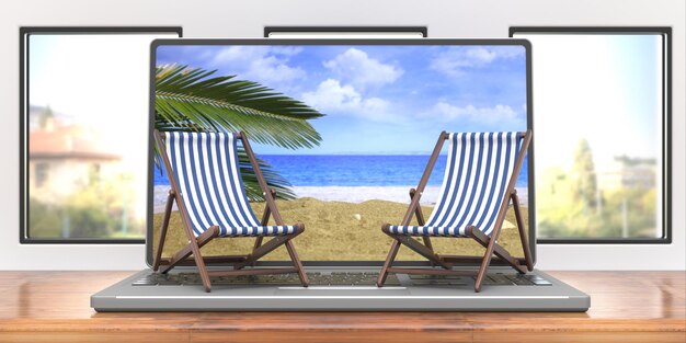 Beach chairs on a laptop business office background 3d illustration