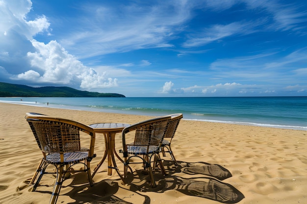 Beach chairs and table on the beautiful tropical beach in Thailand