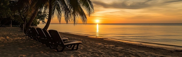 Beach chairs on tropical beach at beautiful sunset time Banner