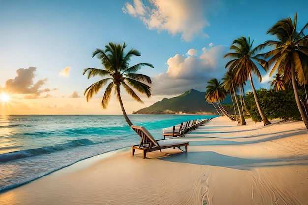 Beach chairs on a tropical beach with palm trees in the background