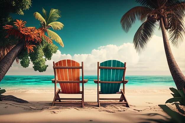 Beach chairs on a tropical beach with palm trees generative ai