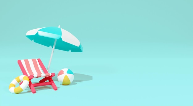 beach chairs and umbrella beach chair with parasol on blue summer background 3D Rendering