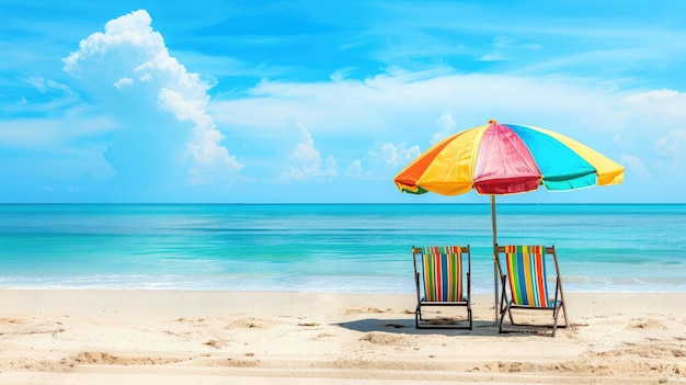 Beach chairs and umbrella A pair of beach chairs and a colorful umbrella set up on a sandy beach with a clear blue sky and sea in the background