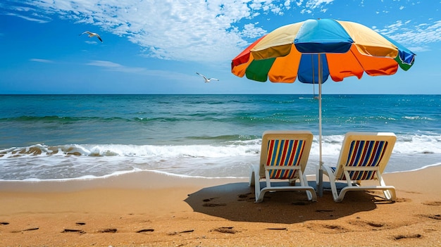 Beach chairs and umbrella on white sand with blue sky background summer vacation concept