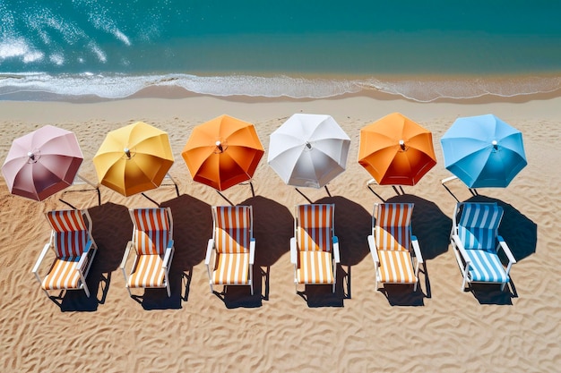 Beach chairs and umbrellas on the background of sea water top view