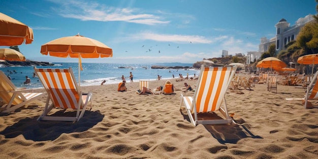 Beach chairs with an umbrella on the beach Sea and blue sky Generative AI