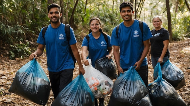 Beach cleanup concept Volunteers of diverse backgrounds carrying large bags of plastic trash