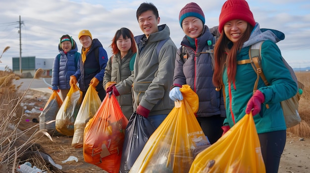 Beach cleanup concept Volunteers from various backgrounds carrying large bags of collected plastic