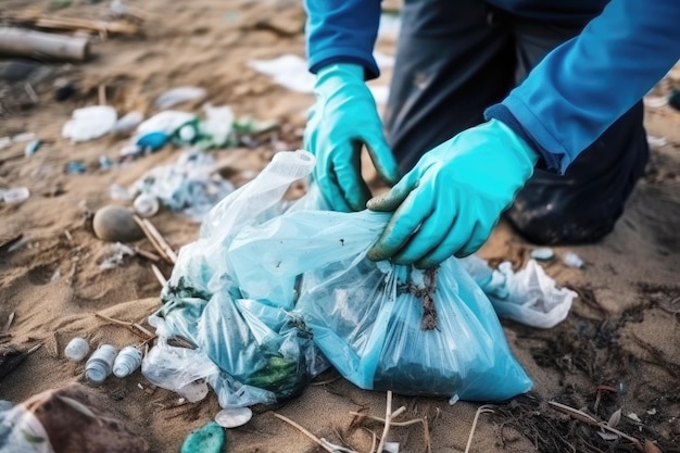 Beach cleanup mission Human hands gather waste for a cleaner coast