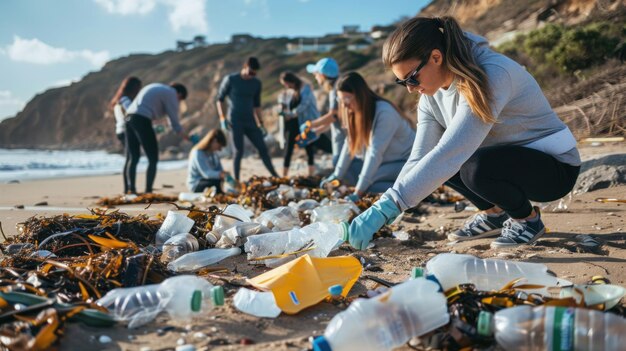 Beach Cleanup Volunteers Removing Plastic Waste