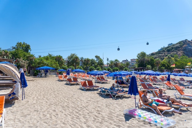 Beach of Cleopatra with sea and rocks of Alanya peninsula Antalya Turkey