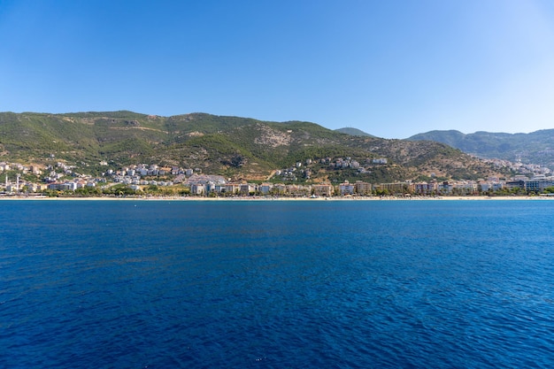 Beach of Cleopatra with sea and rocks of Alanya peninsula Antalya Turkey