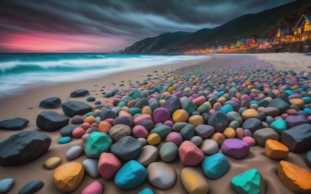 A beach covered in lots of color rocks