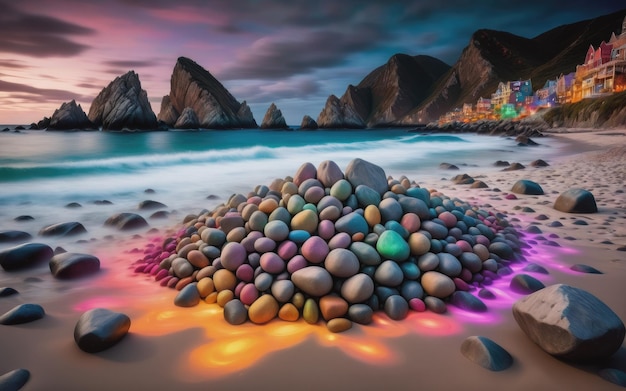 A beach covered in lots of color rocks