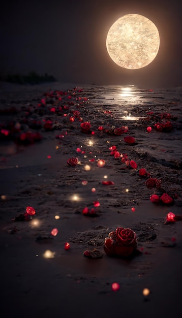 Beach covered in lots of red roses under a full moon generative ai