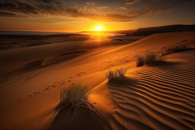 Beach at dawn golden dunes and serene sea generative IA