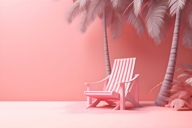 Beach deck chair under palm trees on a pink background copy space Generative AI