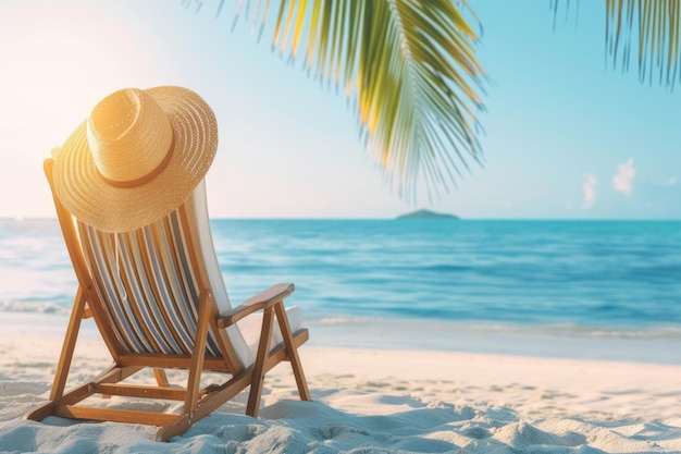 Photo beach deck chair with hat on tropical sand beach in sunny sky background with copy space