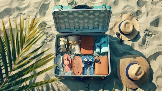 Photo beach essentials in a vintage suitcase