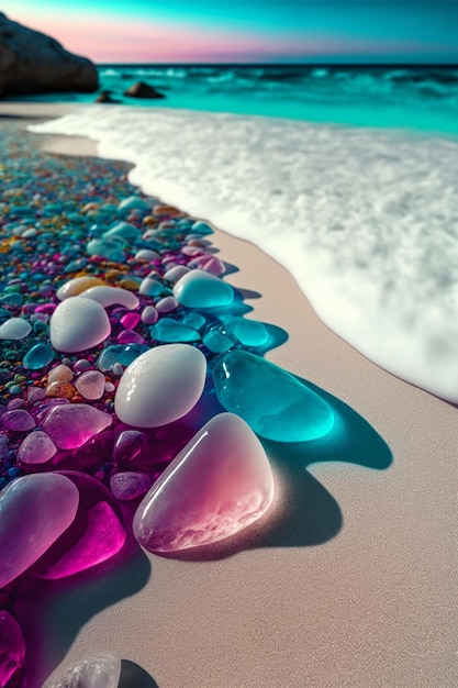 Beach filled with lots of different colored rocks generative ai