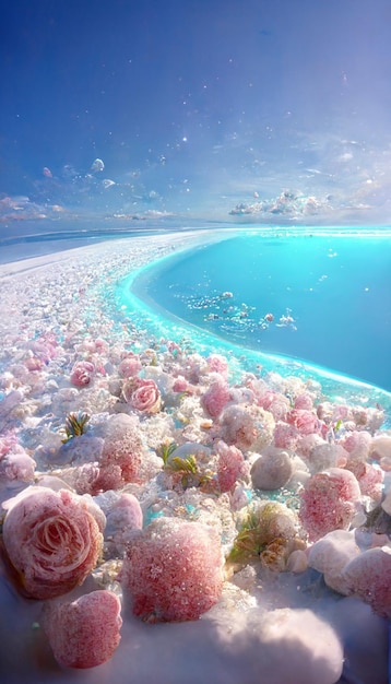 Beach filled with lots of pink and white flowers generative ai