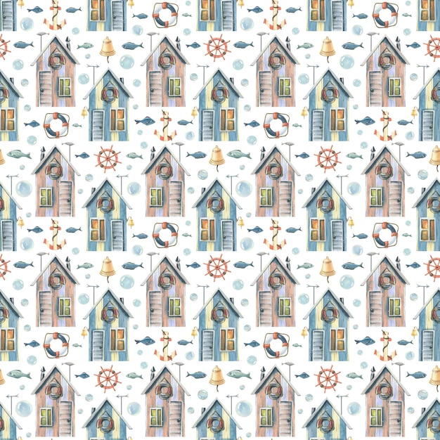 Beach fishing houses pink and blue with fish steering wheel anchor bubbles on a white background Watercolor seamless pattern For fabrics textiles wallpaper wrapping paper backgrounds