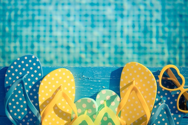 Beach flipflops and sunglasses on blue wood against water background