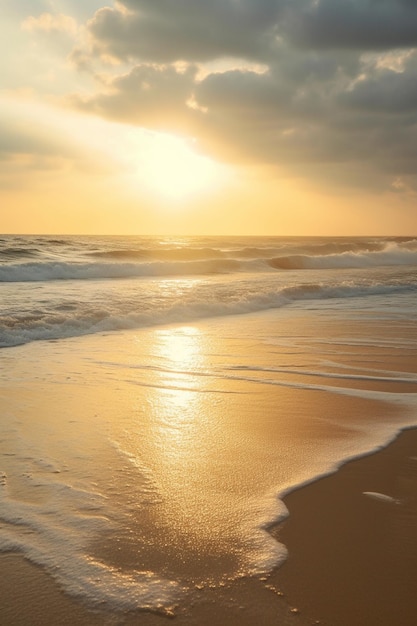 A beach in florida with a golden sky