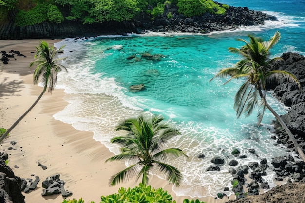 Beach From Above Pristine Sandy Beach with Rocky Bay and Powerful Ocean Waves