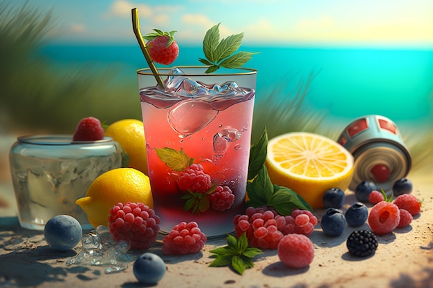 Beach fruity summer cocktails with ice on the sand against the backdrop of the blue sea and sunny sky illustration Generative AI