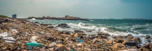 A beach full of garbage and garbage with a blue sky in the background.