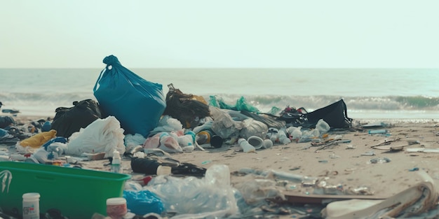 A beach full of garbage and plastic bagsBeach pollution