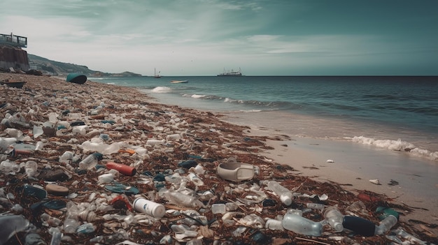 Beach full of garbage and plastic waste banner for environmental and recycle concepts