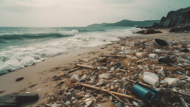 Beach full of garbage and plastic waste banner for environmental and recycle concepts