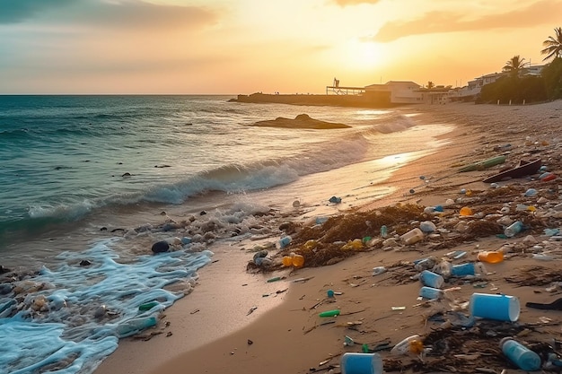 A beach full of garbage and plastic waste is a broad flag for environmental and recycling