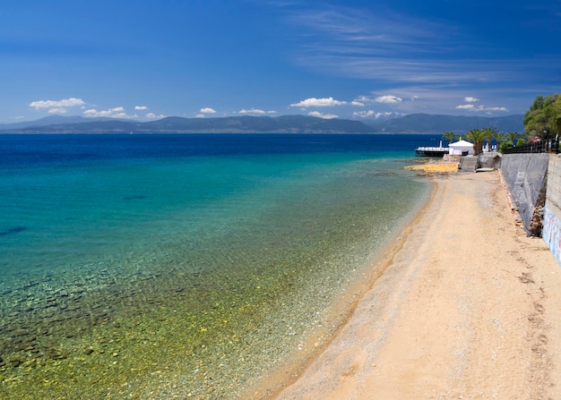 Beach Greek spa resort  of LoutraEdipsou on the island of Evia Euboea in the Aegean Sea in Greece