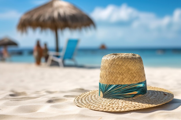 Beach hat and tropical drink in white sand beach and sea