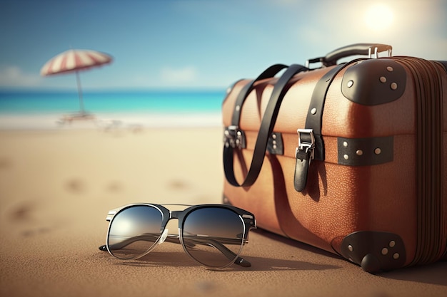 Beach holiday travel suitcase and sunglasses in sunny day Made with Generative AI