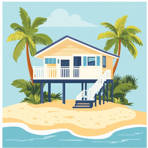 Photo beach house on stilts with palm trees