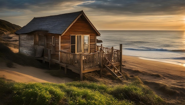 a beach house with a beach hut on the sand