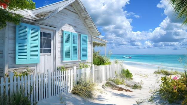 a beach house with a fence and blue shutters