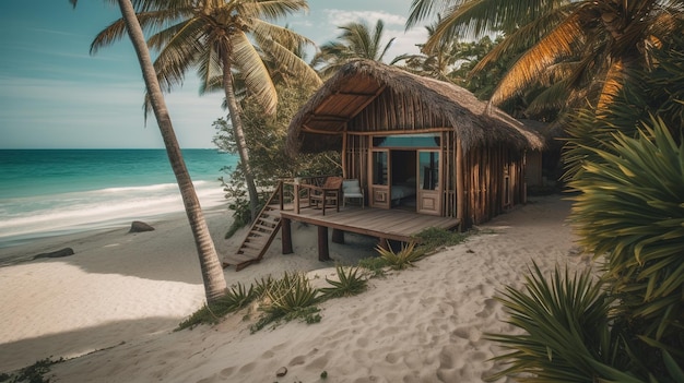 A beach house with a palm tree on the beach