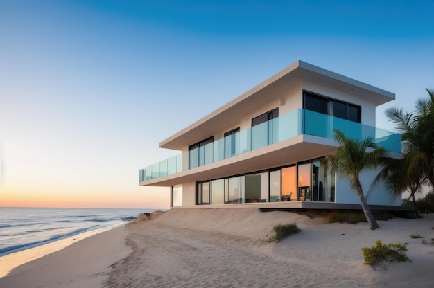 A beach house with a palm tree on the beach