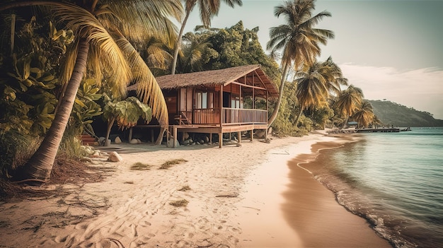 A beach house with palm trees in the background