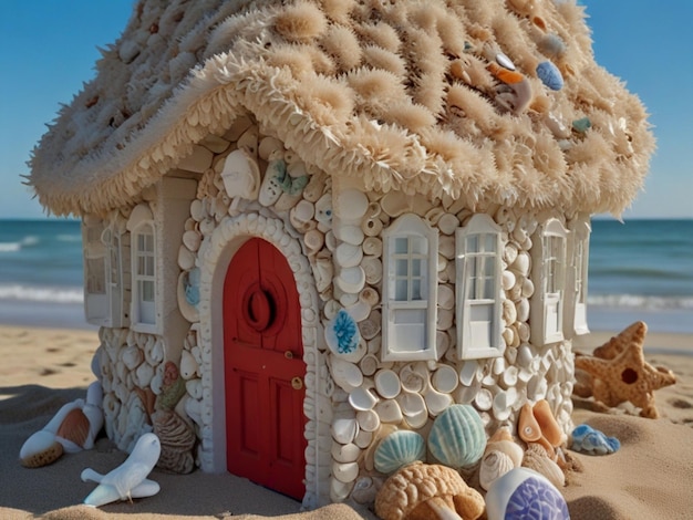 a beach house with a red door and shells on the sand