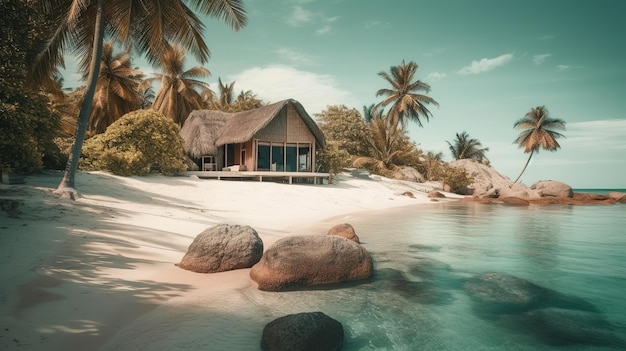 A beach house with a thatched roof and palm trees in the background