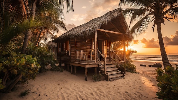 A beach house with a thatched roof and palm trees at sunset