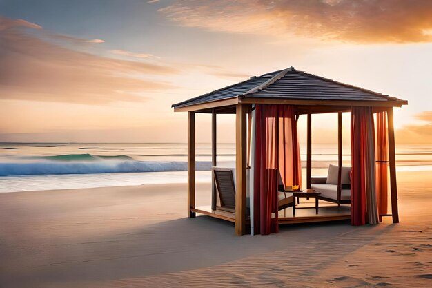 A beach hut on the beach with a sunset in the background