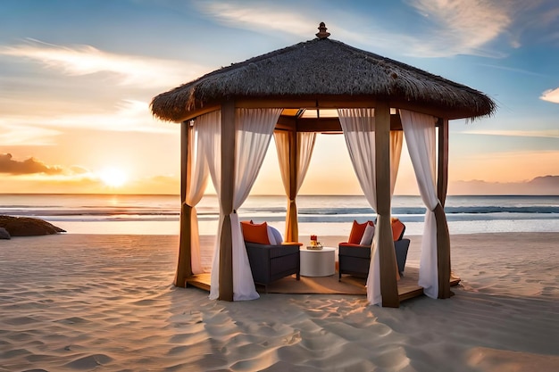 A beach hut on the beach with a view of the sunset.